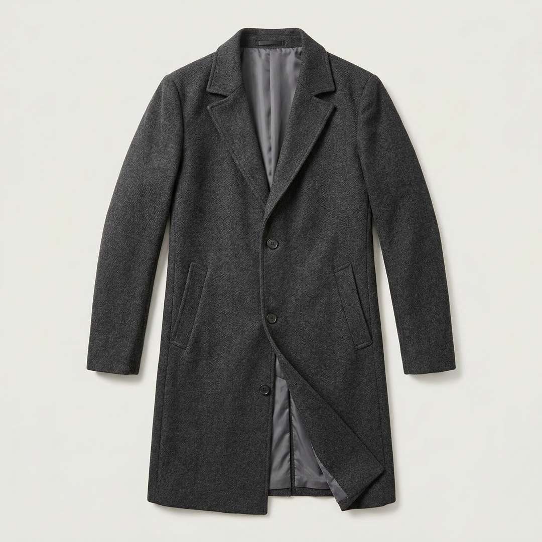 Men’s Long Coat – Button-Front Notch Collar Design