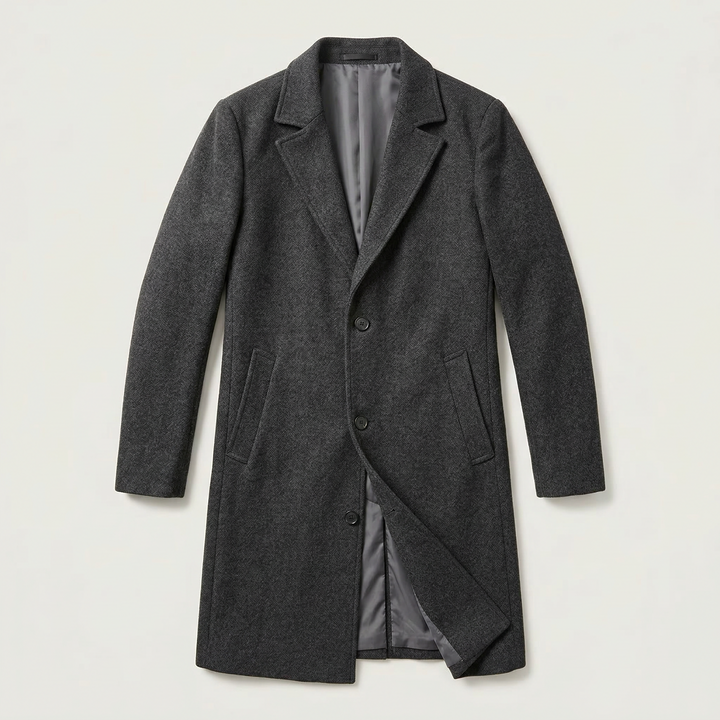 Men’s Long Coat – Button-Front Notch Collar Design