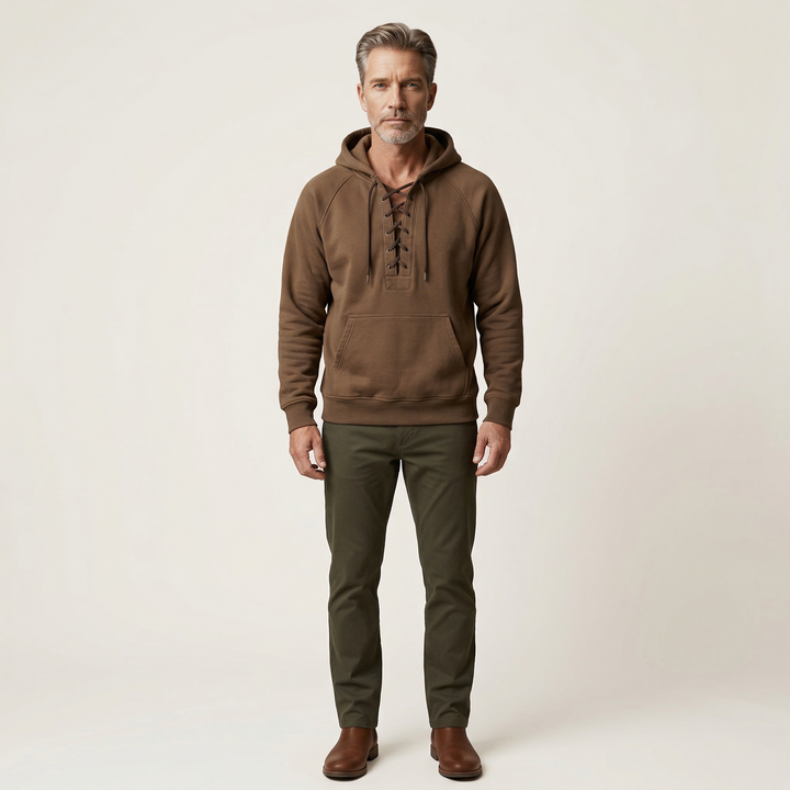 Men’s Hooded Pullover – Lace-Up Neckline
