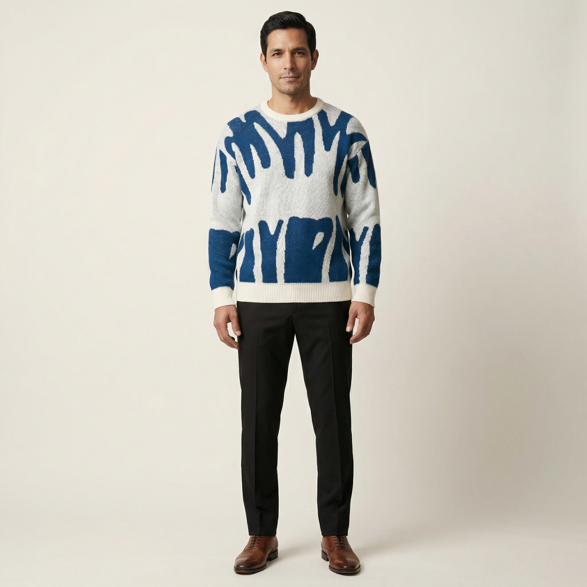 Men’s Knit Sweater – Crew Neck, Long Sleeve, Two-Tone Pattern