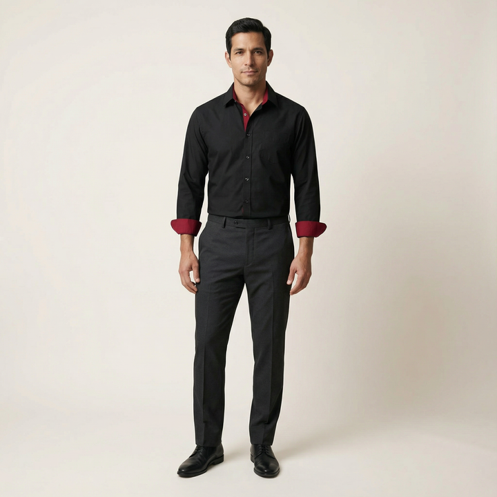 Men’s Long-Sleeve Button-Up Shirt – Stand Collar, Contrast Cuffs