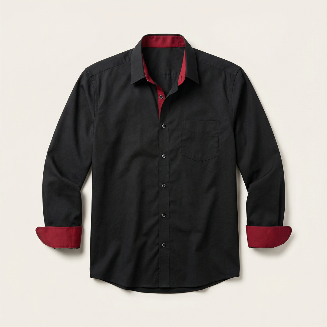 Men’s Long-Sleeve Button-Up Shirt – Stand Collar, Contrast Cuffs