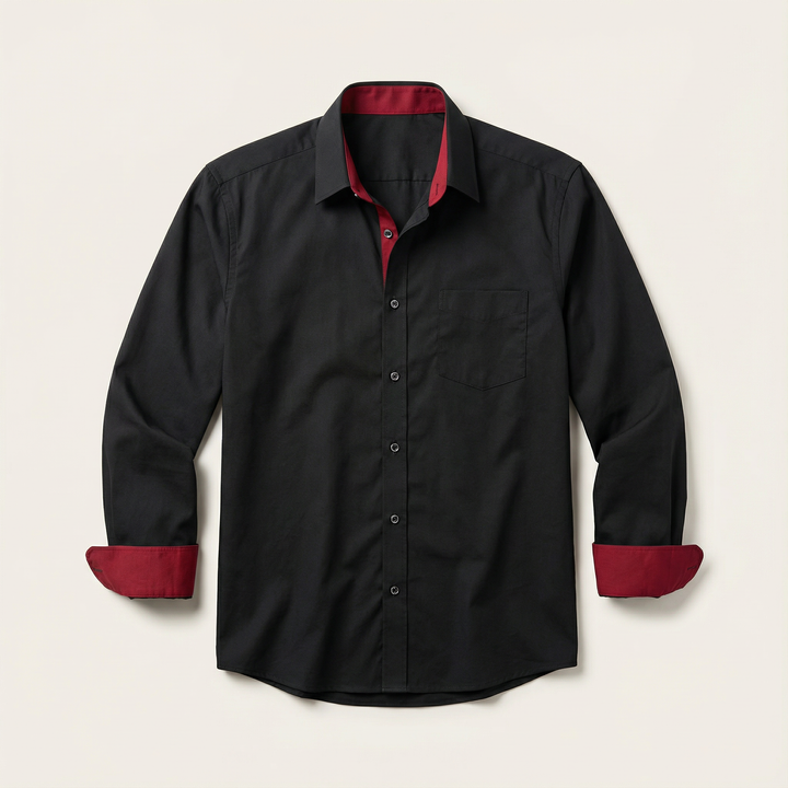 Men’s Long-Sleeve Button-Up Shirt – Stand Collar, Contrast Cuffs