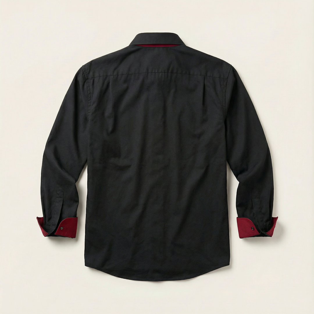Men’s Long-Sleeve Button-Up Shirt – Stand Collar, Contrast Cuffs
