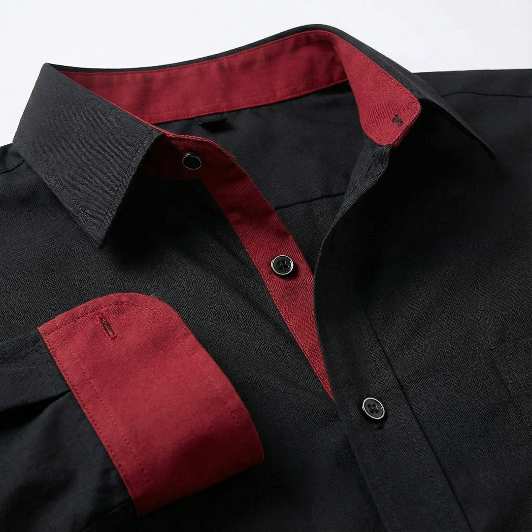 Men’s Long-Sleeve Button-Up Shirt – Stand Collar, Contrast Cuffs
