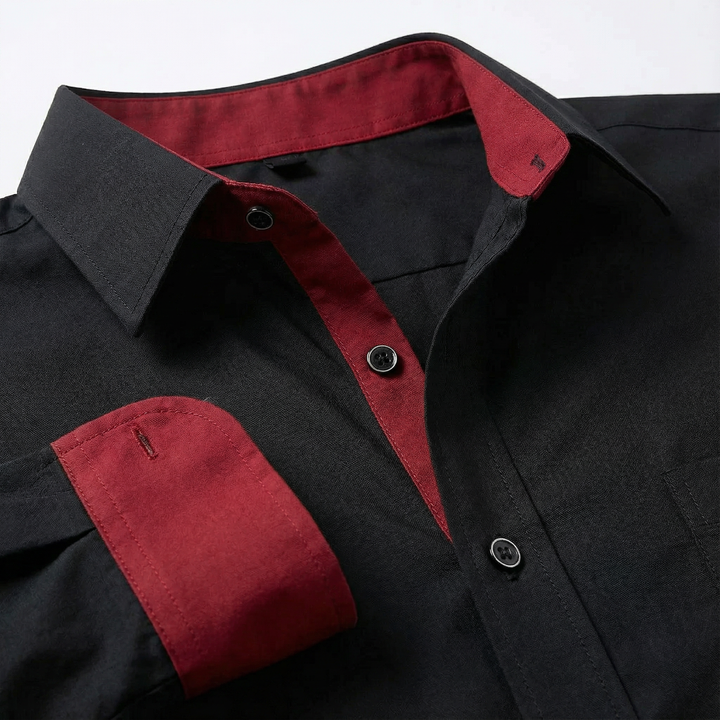 Men’s Long-Sleeve Button-Up Shirt – Stand Collar, Contrast Cuffs
