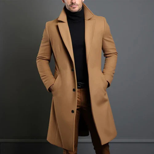 Men’s Long Coat – Button-Front Notch Collar Design