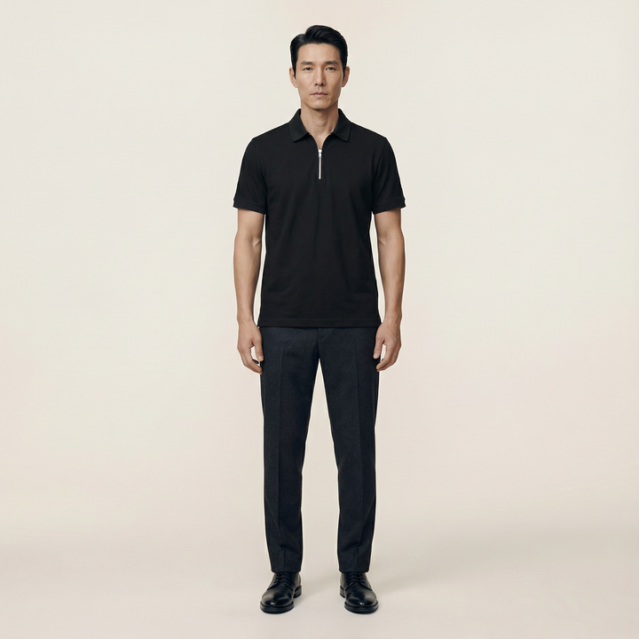 Men’s Short-Sleeve Quarter-Zip Polo Shirt – Slim Fit, Stand Collar Design