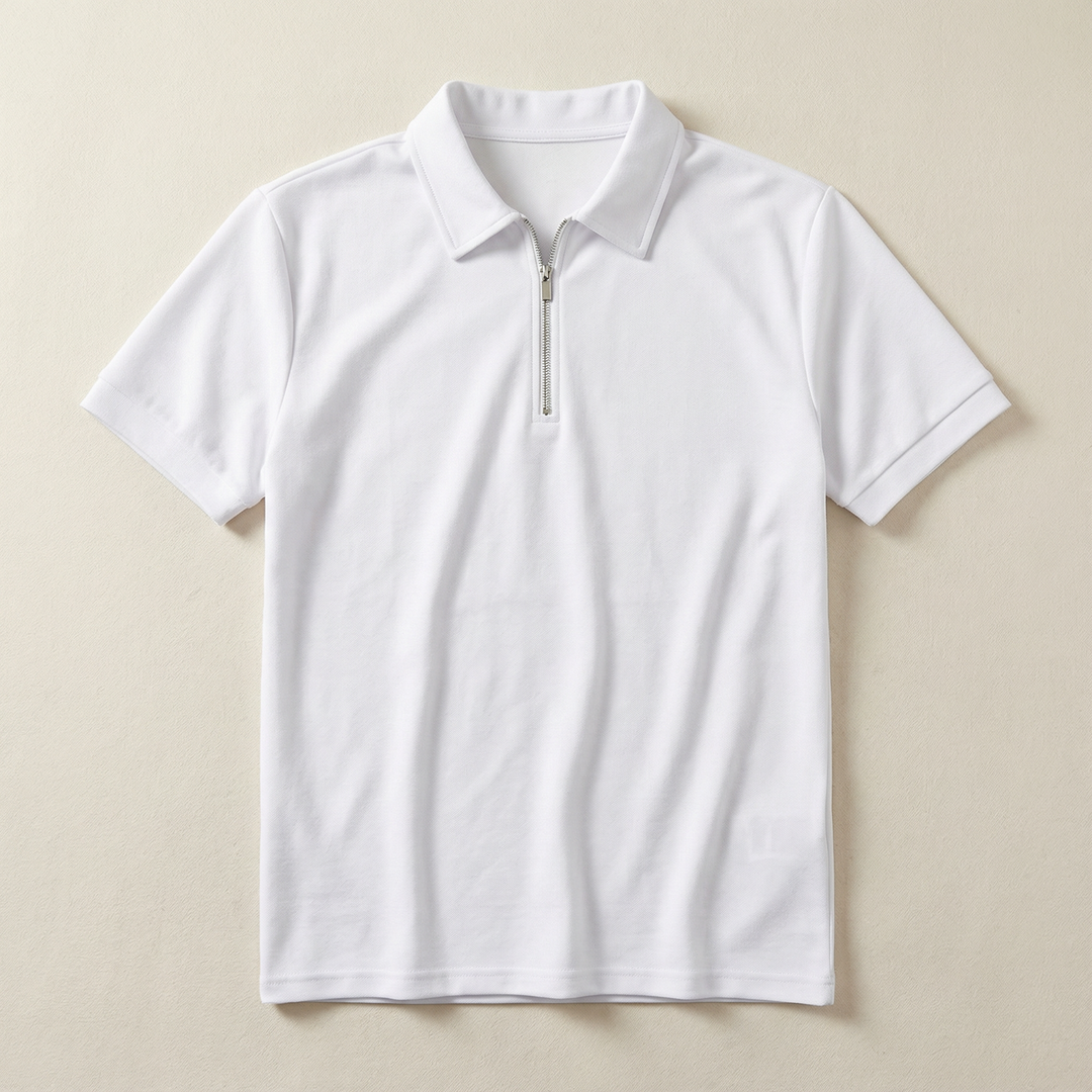 Men’s Short-Sleeve Quarter-Zip Polo Shirt – Slim Fit, Stand Collar Design