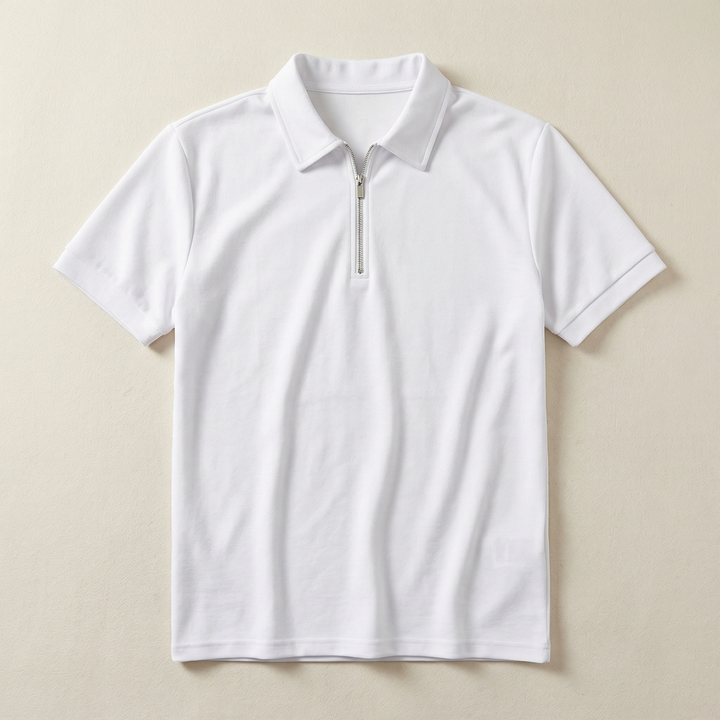 Men’s Short-Sleeve Quarter-Zip Polo Shirt – Slim Fit, Stand Collar Design