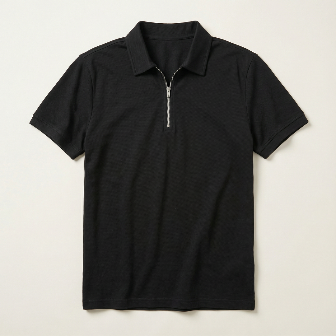 Men’s Short-Sleeve Quarter-Zip Polo Shirt – Slim Fit, Stand Collar Design