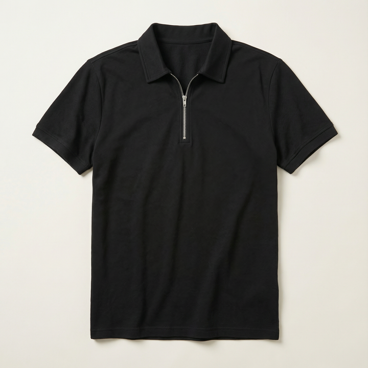 Men’s Short-Sleeve Quarter-Zip Polo Shirt – Slim Fit, Stand Collar Design