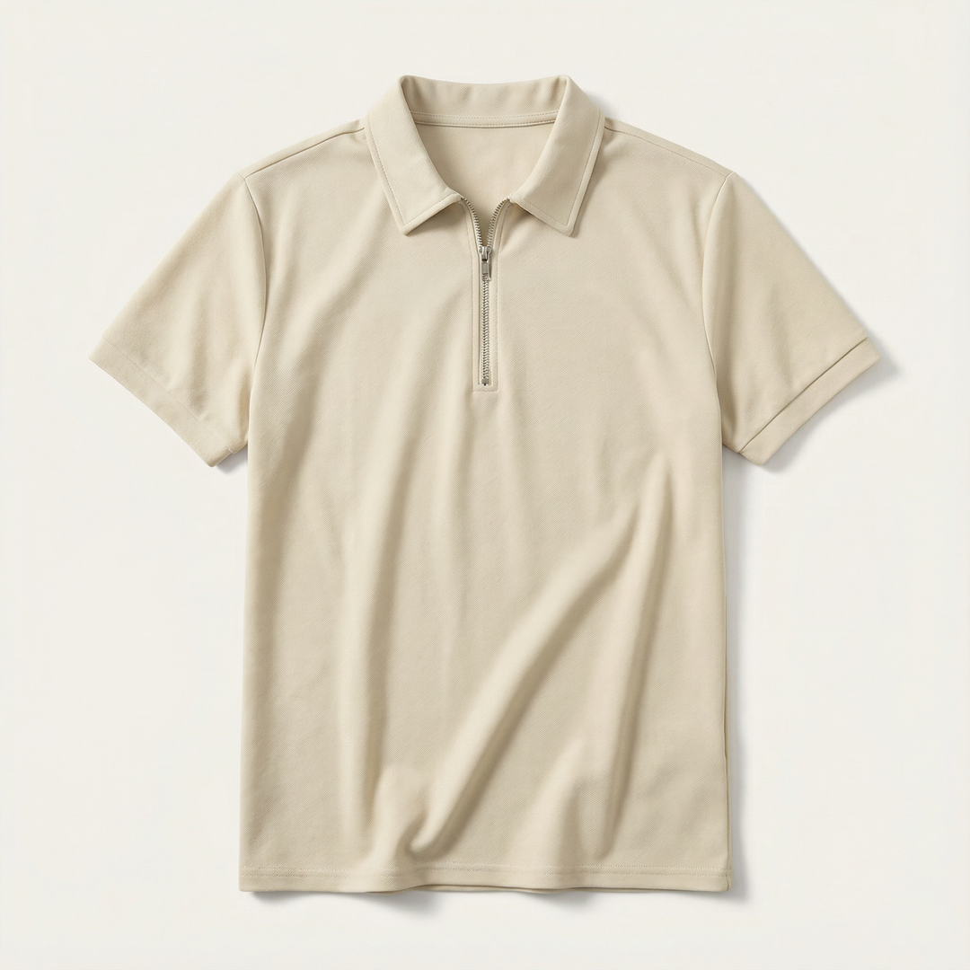 Men’s Short-Sleeve Quarter-Zip Polo Shirt – Slim Fit, Stand Collar Design