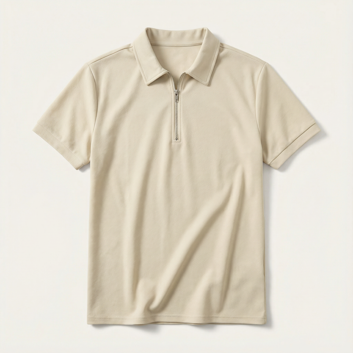 Men’s Short-Sleeve Quarter-Zip Polo Shirt – Slim Fit, Stand Collar Design