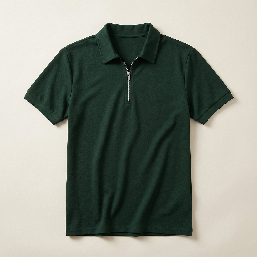 Men’s Short-Sleeve Quarter-Zip Polo Shirt – Slim Fit, Stand Collar Design