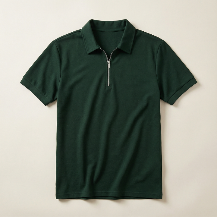 Men’s Short-Sleeve Quarter-Zip Polo Shirt – Slim Fit, Stand Collar Design