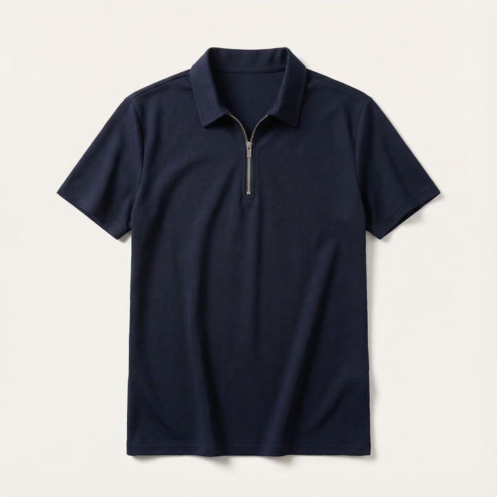 Men’s Short-Sleeve Quarter-Zip Polo Shirt – Slim Fit, Stand Collar Design