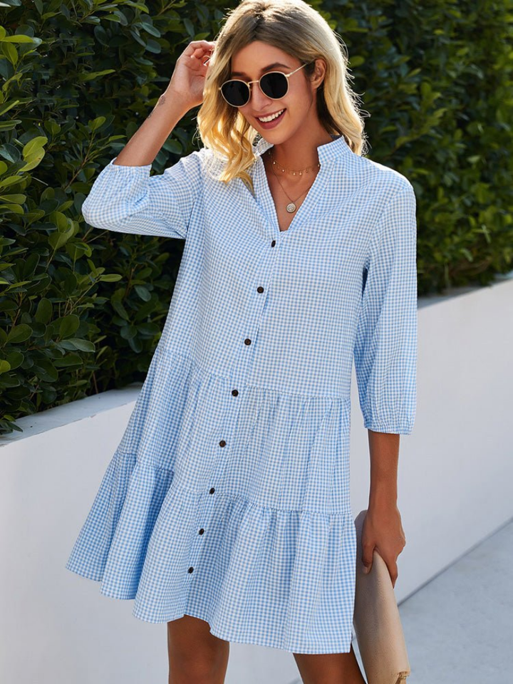 Button-front dress with elbow-length sleeves for women
