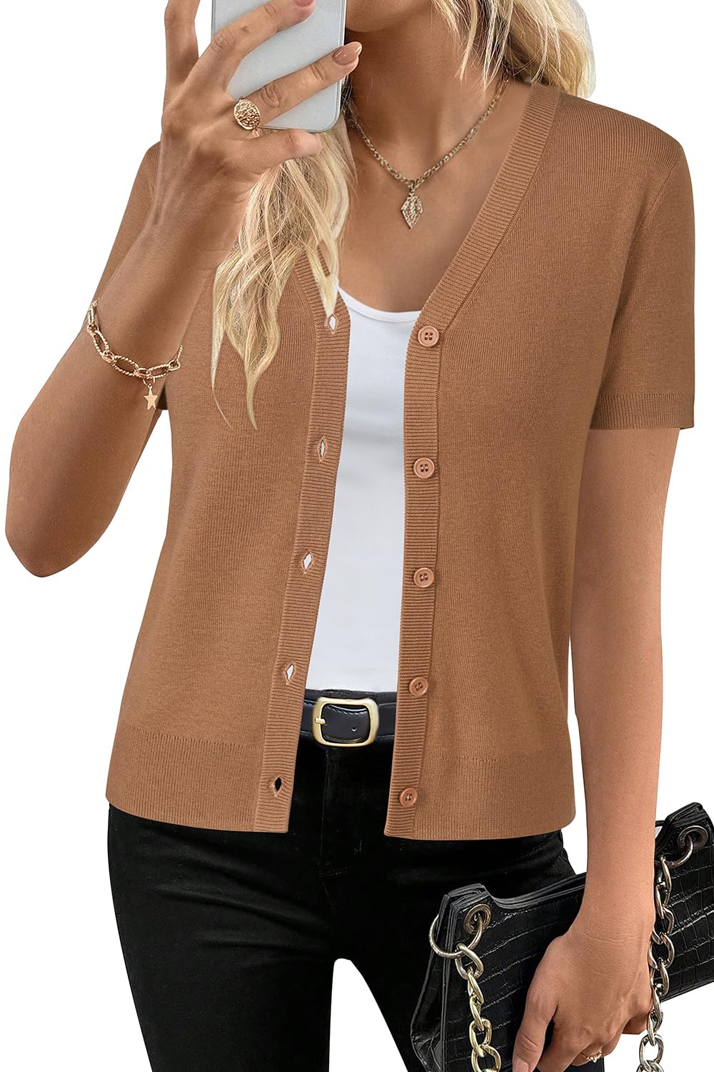 Short sleeve knit cardigan wool blend with button front for women