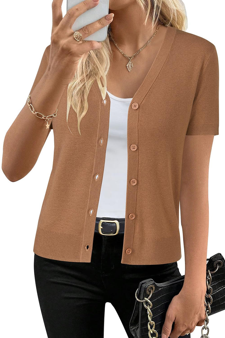 Short sleeve knit cardigan wool blend with button front for women
