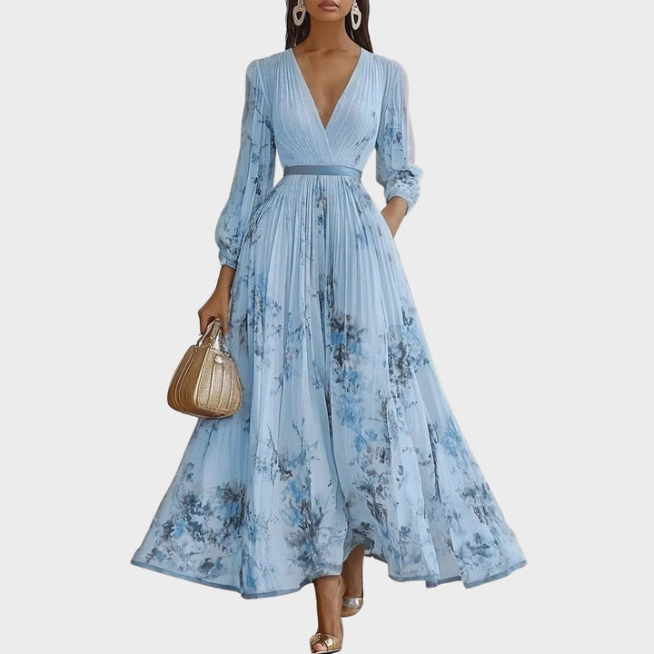 Pleated maxi dress with V-neck and waist tie for women