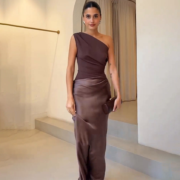 One-shoulder maxi dress with gathered waist for women