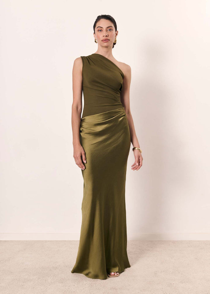 One-shoulder maxi dress with gathered waist for women