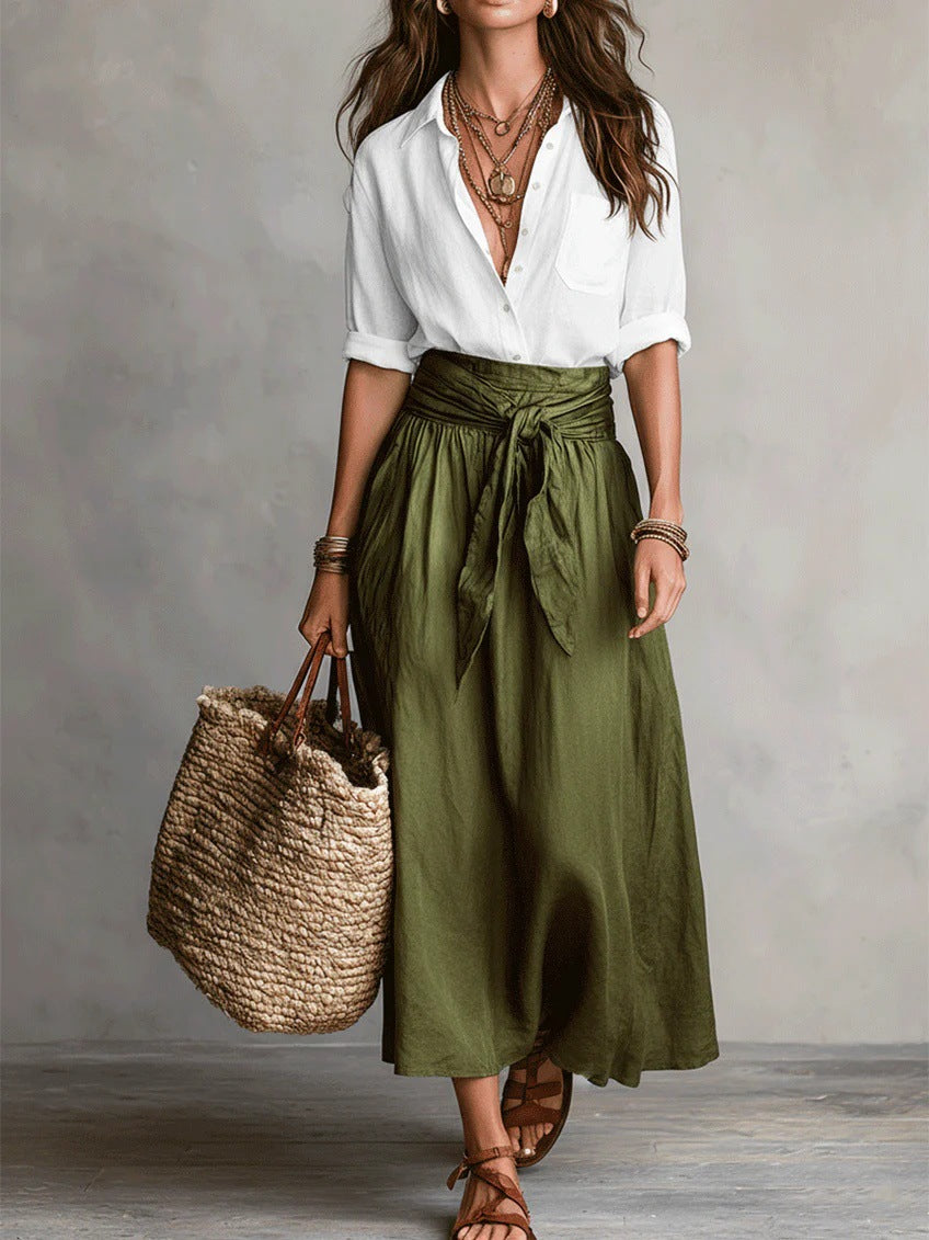 Two-piece set with button shirt and tie-waist midi skirt for women