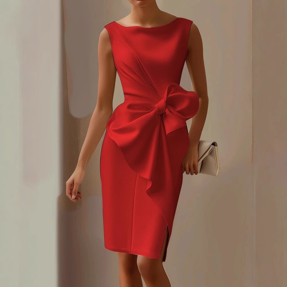 Sleeveless dress with oversized bow waist for women