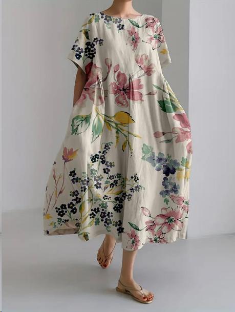 Sareno Robe Midi Woman – Light Floral Dress with Round Neck &amp; Comfortable Fit