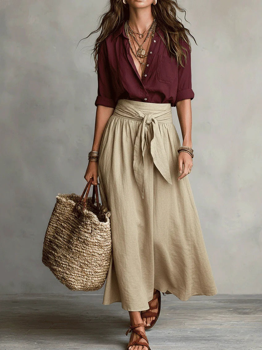 Two-piece set with button shirt and tie-waist midi skirt for women