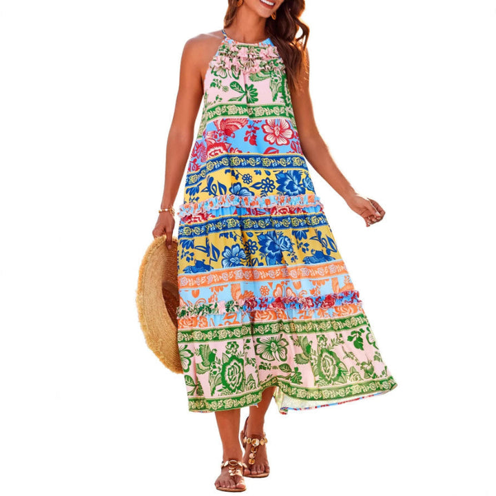 Boho halter maxi dress tiered floral print for women