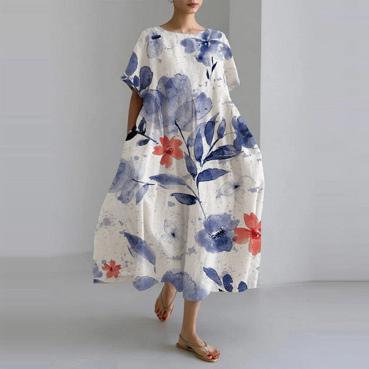 Sareno Robe Midi Woman – Light Floral Dress with Round Neck &amp; Comfortable Fit