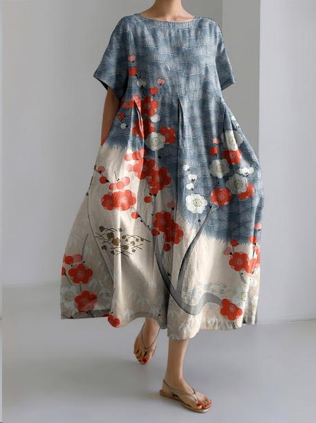 Sareno Robe Midi Woman – Light Floral Dress with Round Neck &amp; Comfortable Fit