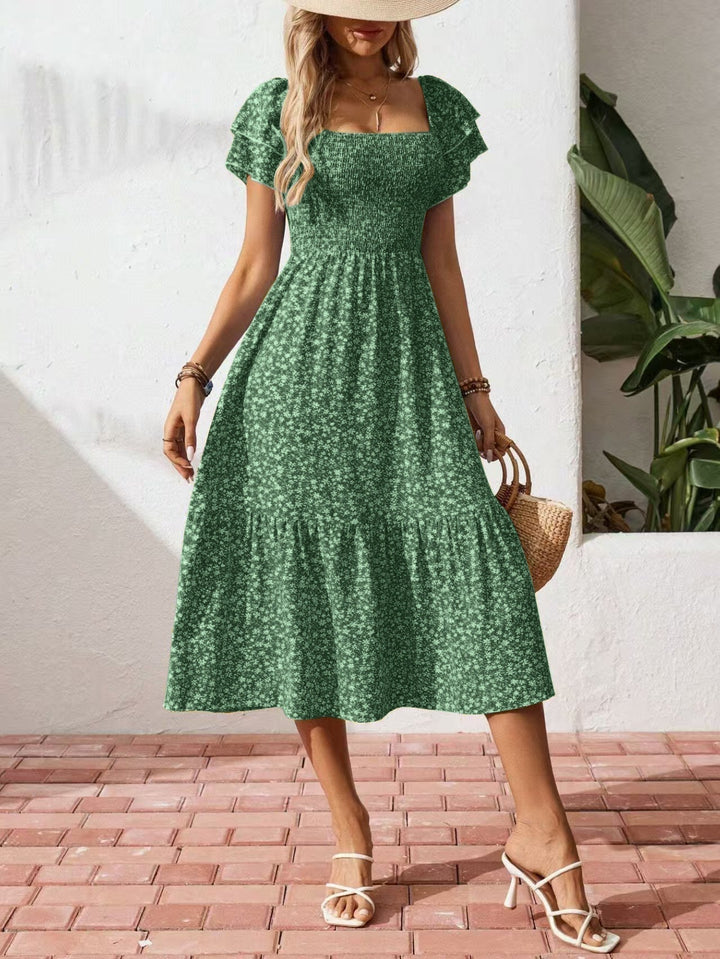 Square neck floral tiered midi dress for women