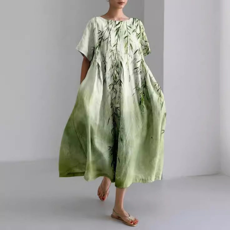 Sareno Robe Midi Woman – Light Floral Dress with Round Neck &amp; Comfortable Fit