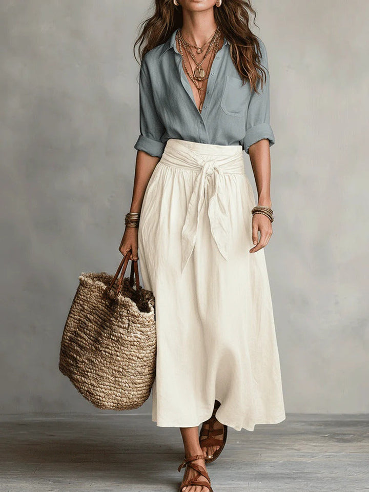 Two-piece set with button shirt and tie-waist midi skirt for women