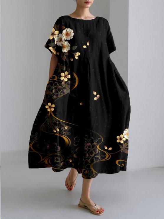 Sareno Robe Midi Woman – Light Floral Dress with Round Neck &amp; Comfortable Fit