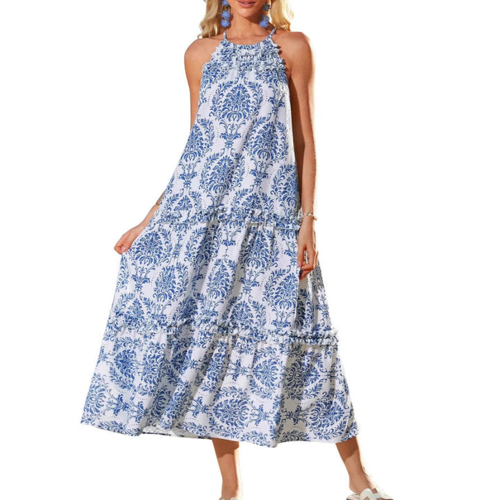 Boho halter maxi dress tiered floral print for women