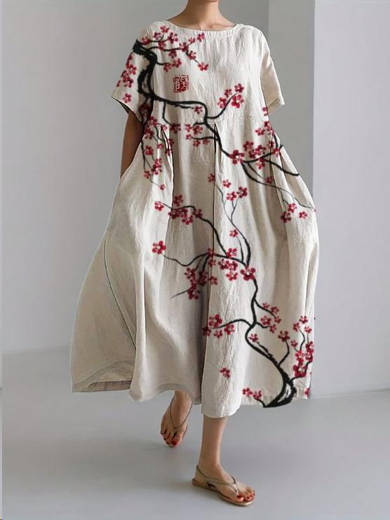 Sareno Robe Midi Woman – Light Floral Dress with Round Neck &amp; Comfortable Fit