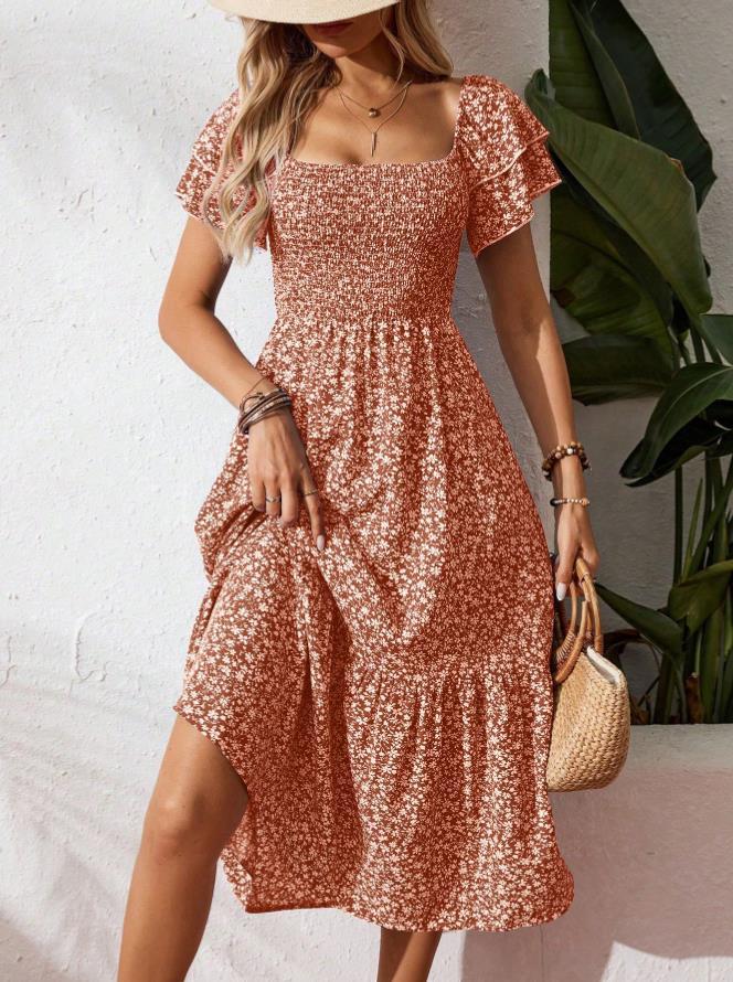 Square neck floral tiered midi dress for women