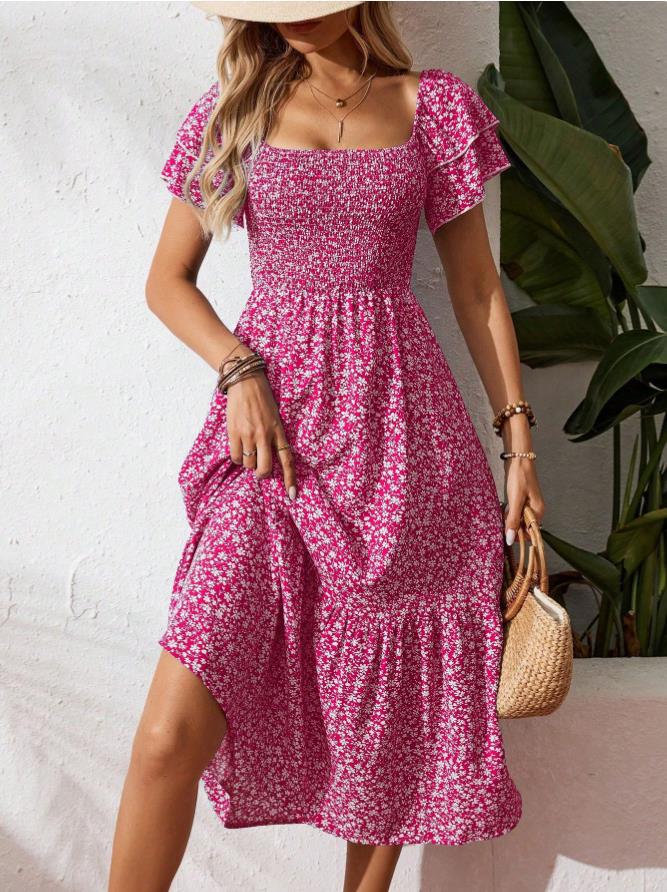 Square neck floral tiered midi dress for women