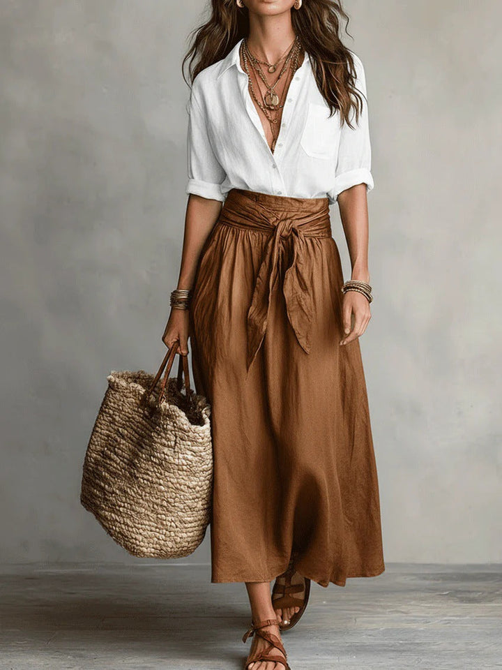 Two-piece set with button shirt and tie-waist midi skirt for women