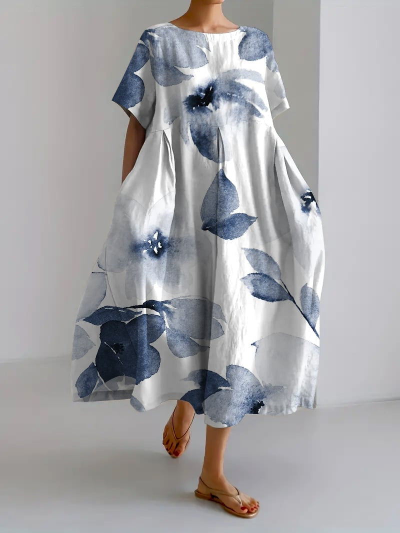 Sareno Robe Midi Woman – Light Floral Dress with Round Neck &amp; Comfortable Fit