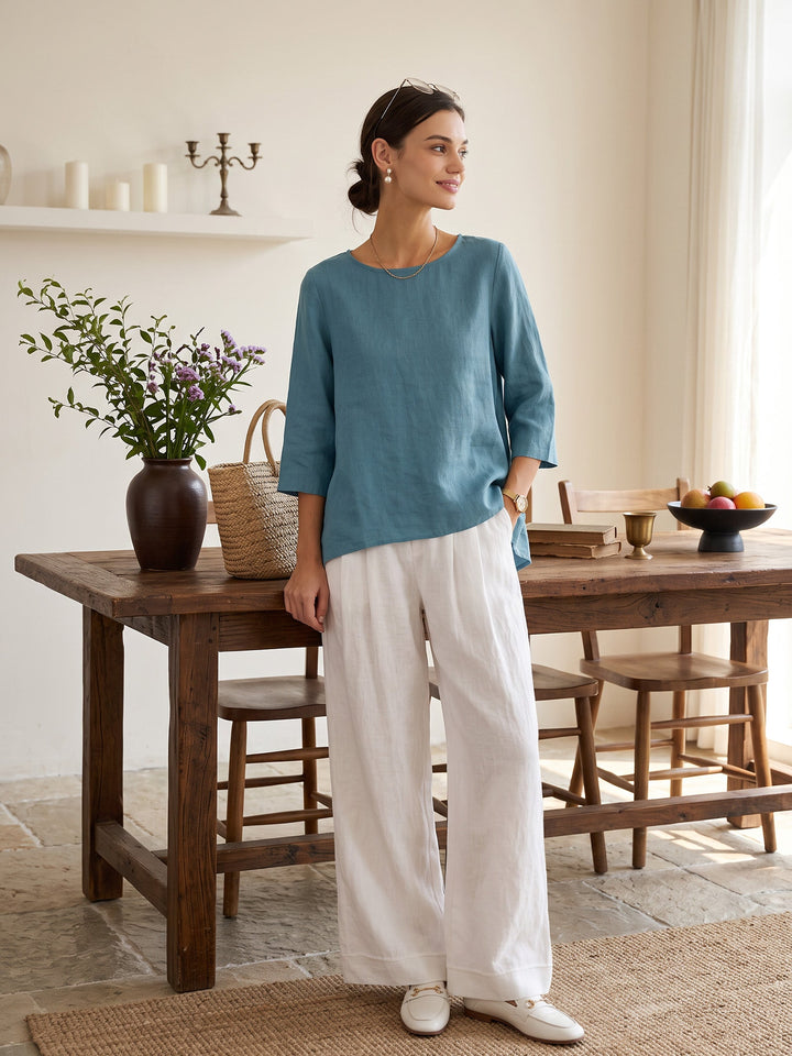 Linen tunic top with asymmetric hem for women