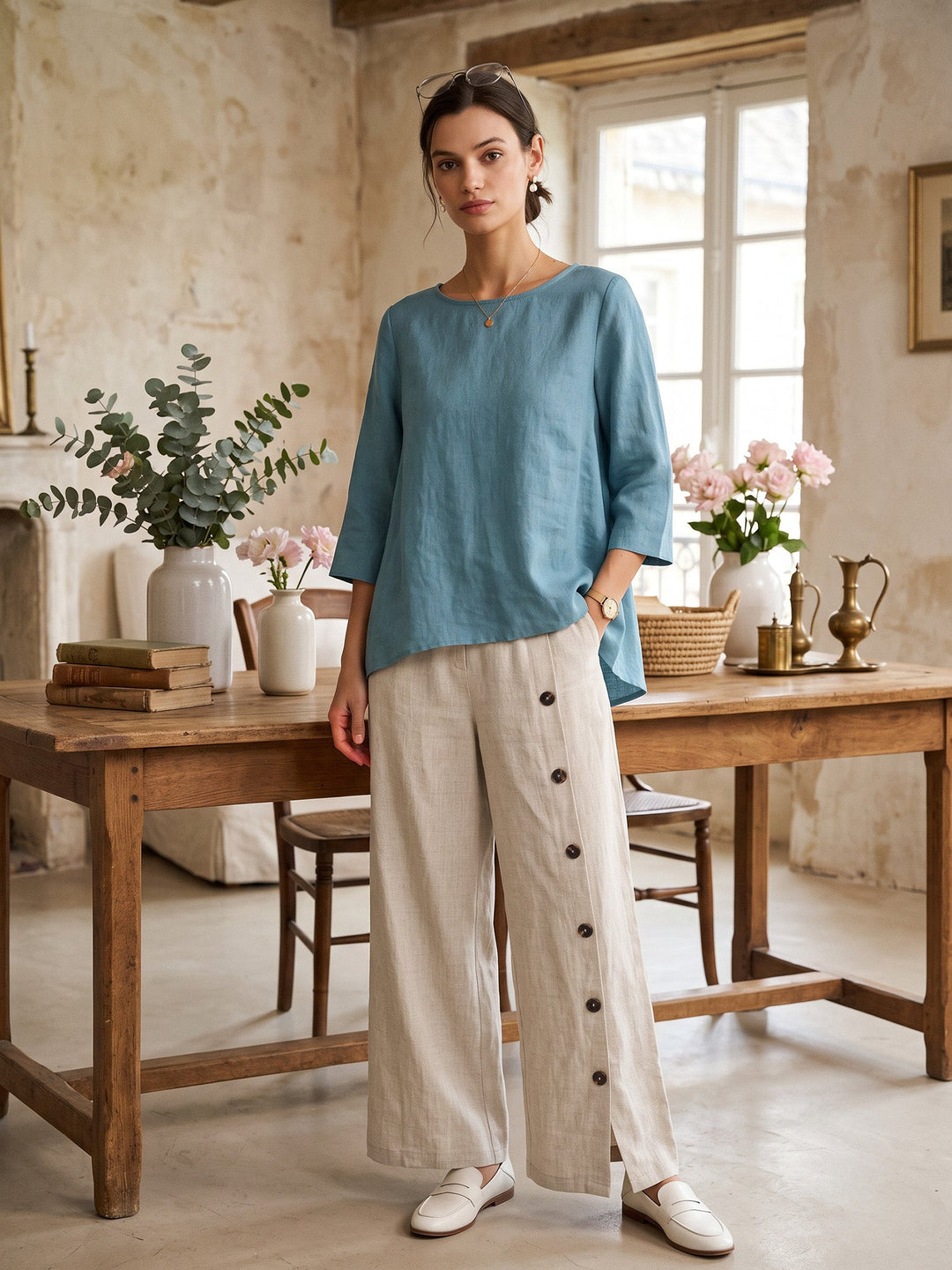 Linen tunic top with asymmetric hem for women