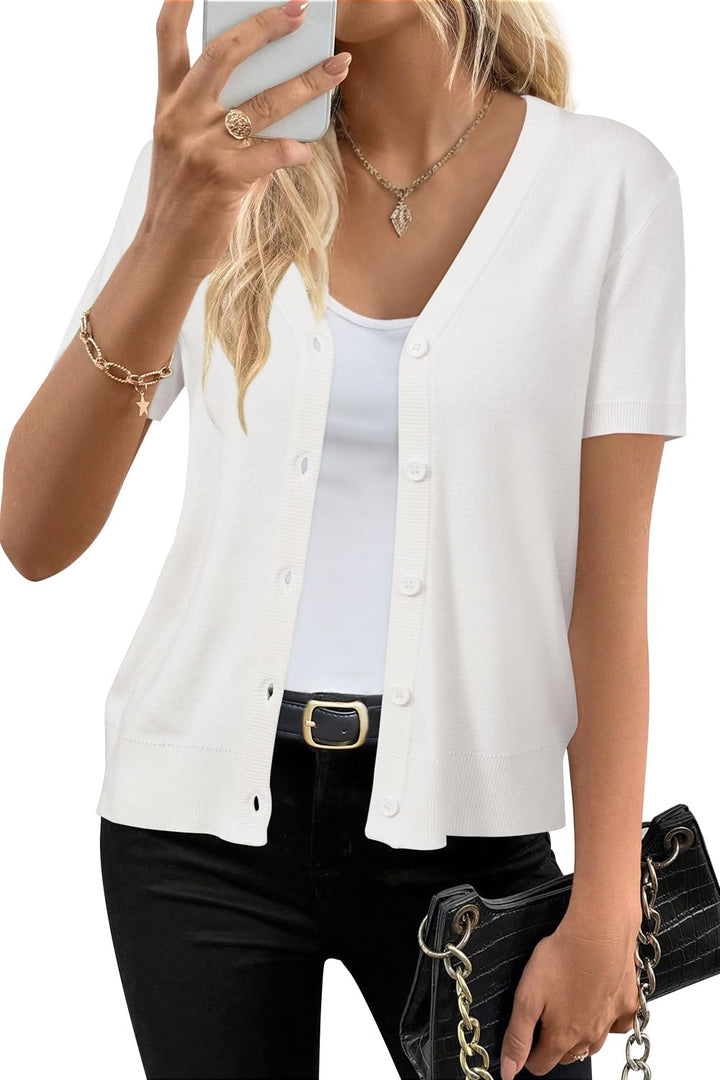 Short sleeve knit cardigan wool blend with button front for women