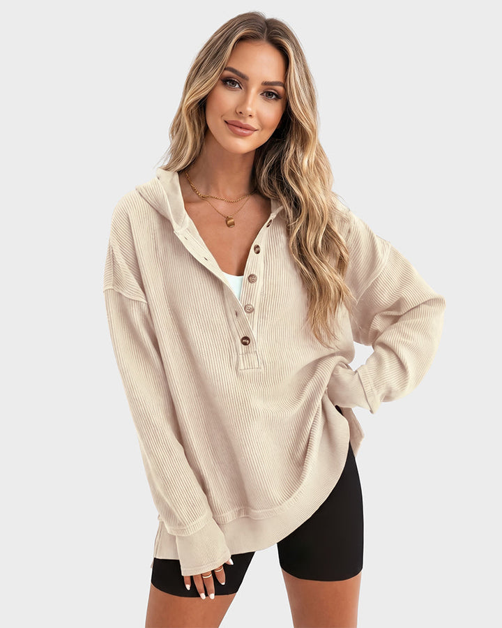 Ribbed collared oversized sweatshirt with button placket for women