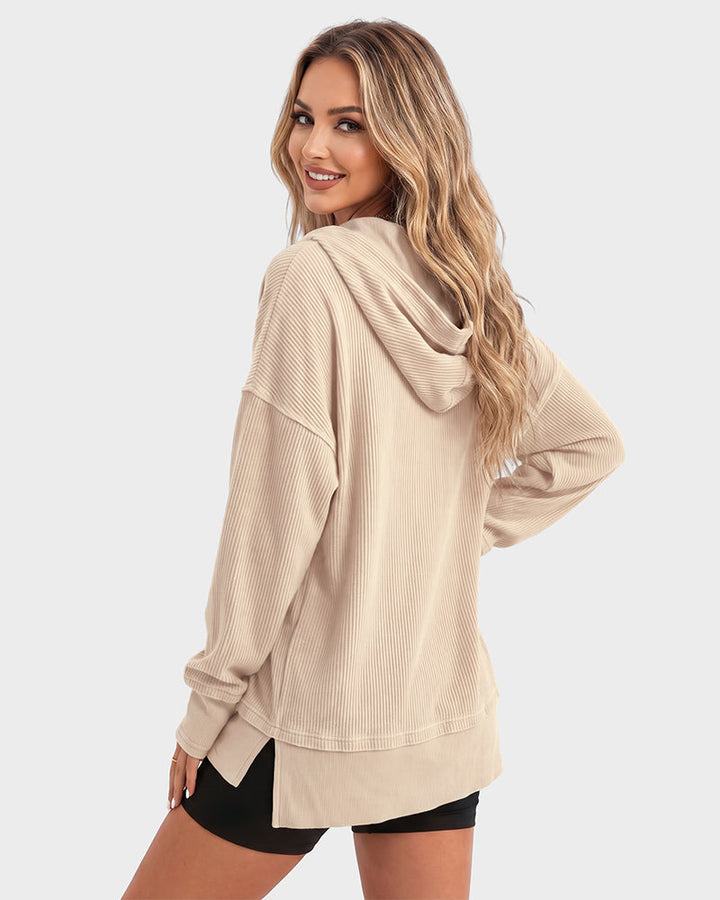 Ribbed collared oversized sweatshirt with button placket for women