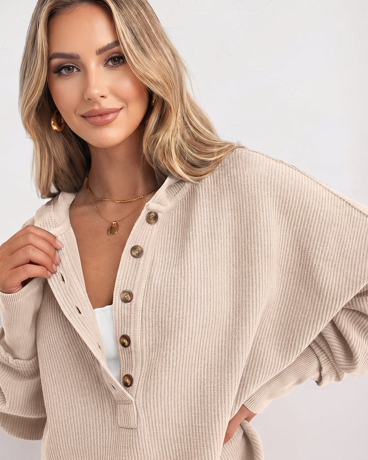 Ribbed collared oversized sweatshirt with button placket for women